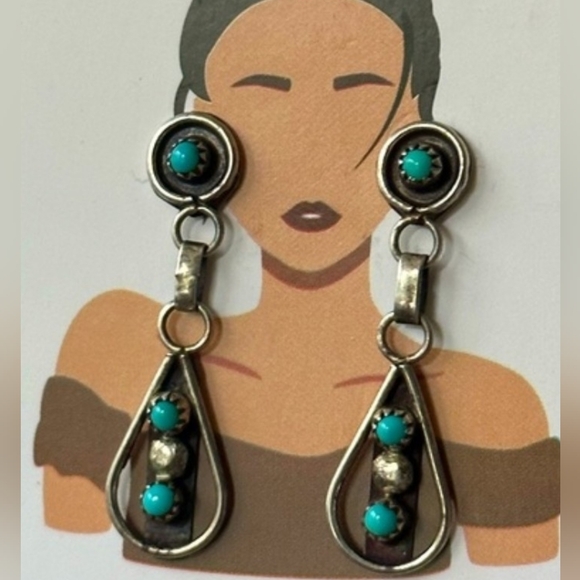 Vintage Southwestern Native American Turquoise Snake Eyes Drop Earrings - Picture 4 of 13